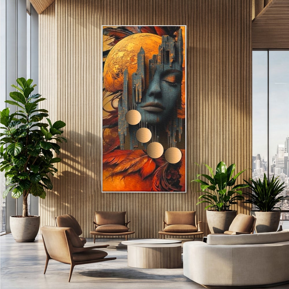 Tablou canvas cu tablou canvas cu chip de femeie si oras stilizat, in rama de aluminiu argintiu, pe perete intr-un birou
